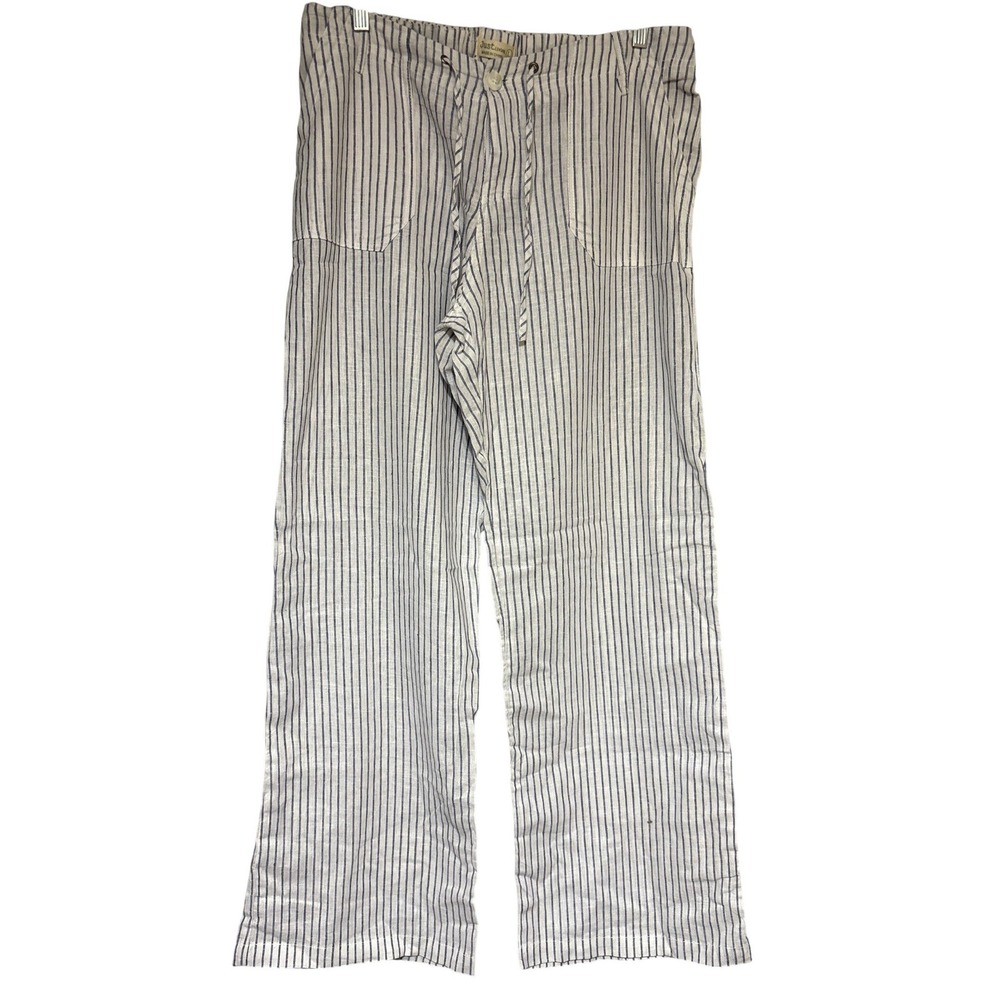 Just Living Linen Pants Womens 10 Wide Leg Blue White Striped Drawstring